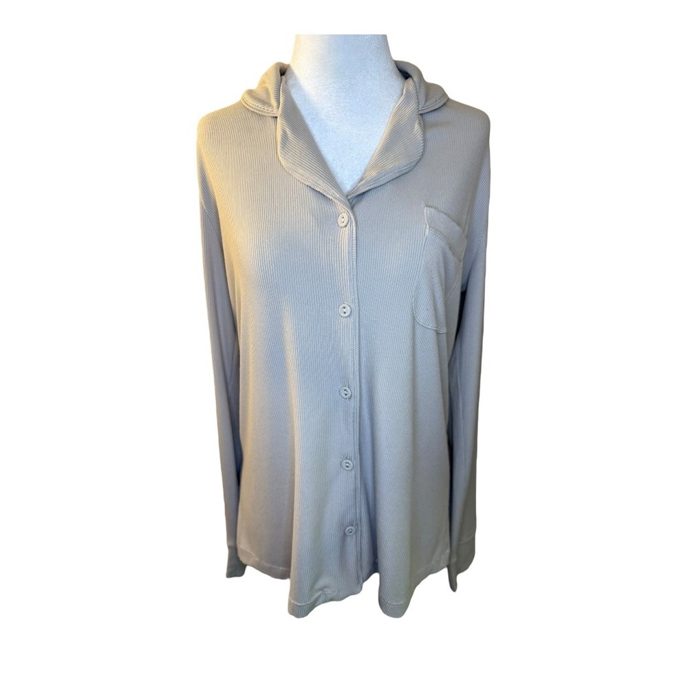 NEW SKIMS Rib Button Up Sleep Top Stone Long Sleeve Pajama Shirt Size Small NWT